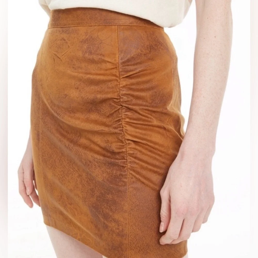 Free People Camel Colored Rumi Ruched Faux Suede Mini Skirt Size XS